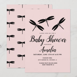 Black Dragonflies Pink Baby Shower Invitation