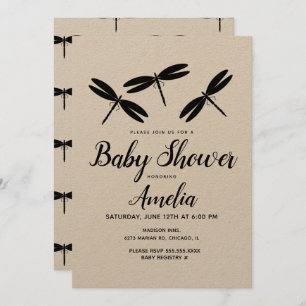 Black Dragonflies  Rustic Baby Shower   Invitation