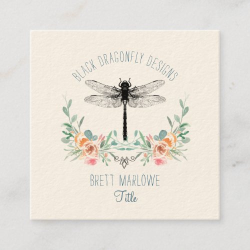 Black Dragonfly Floral Square Business Card