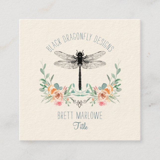 Black Dragonfly Floral Square Business Card (Front)