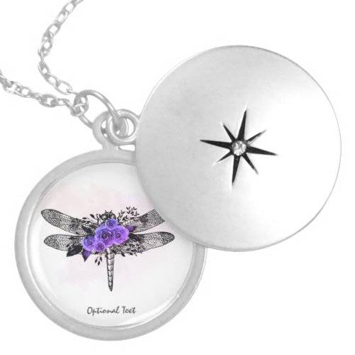 *~* Black Dragonfly Purple Roses   Locket Necklace