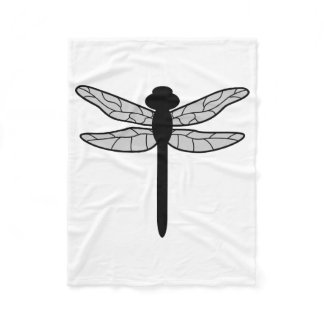 Black Dragonfly Silhouette On White Fleece Blanket