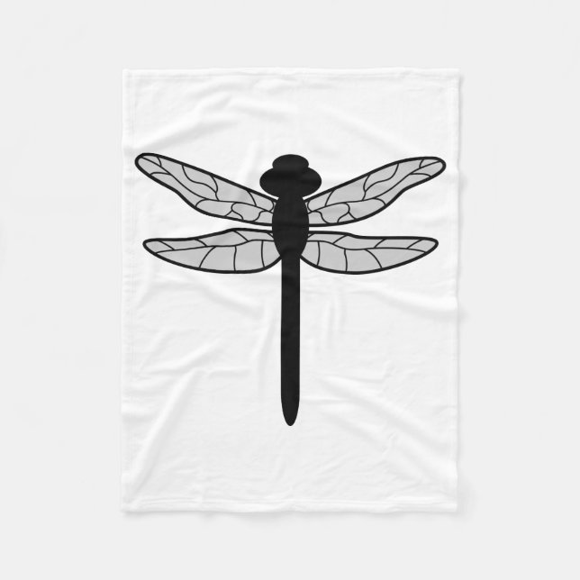 Black Dragonfly Silhouette On White Fleece Blanket (Front)