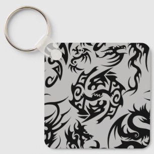 Black dragons pattern outline.b Grey BG Keychain