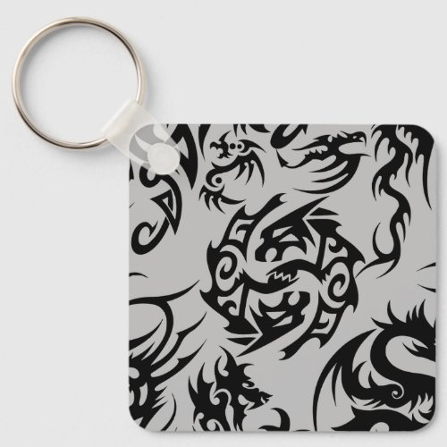 Black dragons pattern outlineb Grey BG Keychain