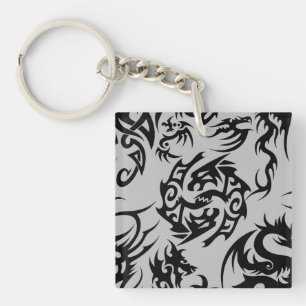 Black dragons pattern outline.b Grey BG Keychain