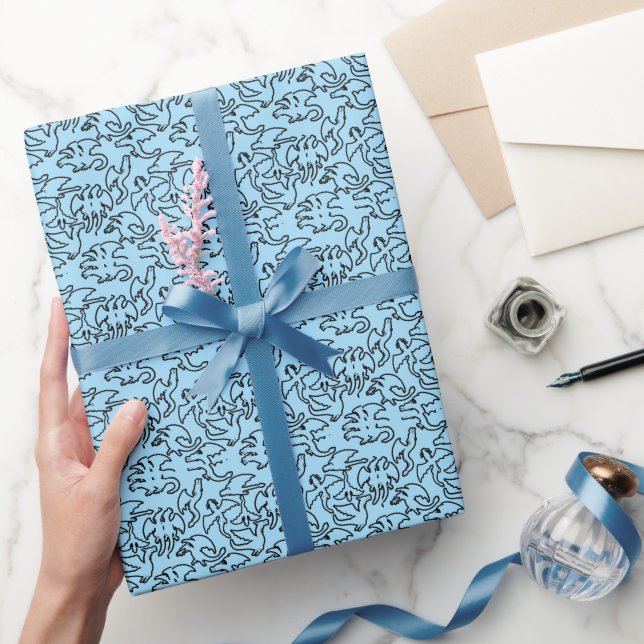 Black dragons pattern outline.b L Blue BG Wrapping Paper (Gifting)