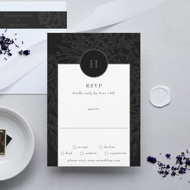 Black Dramatic Elegant Monogram Floral Wreath RSVP Card (RSVP showcasing suite - additional items (bought separately))