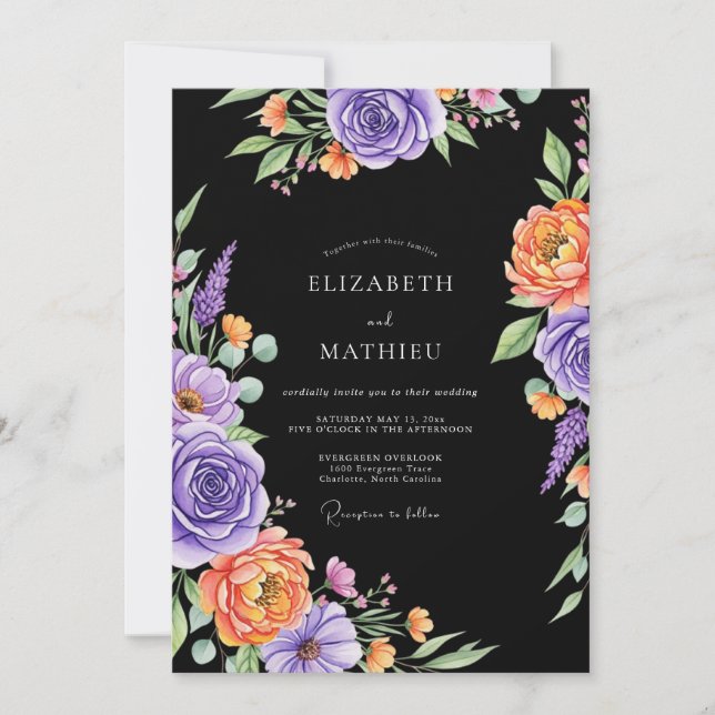 Black Dramatic Floral Watercolor Wedding Invitation (Front)