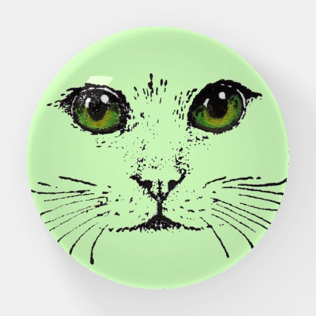 Black Drawing Face of Cat Bright Green Yellow Eyes Paperweight (Front)