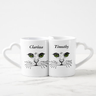 Black Drawing Face of Cat Green Eyes Coffee Mug Set