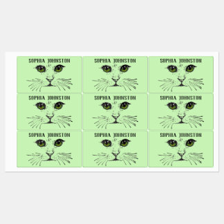 Black Drawing Face of Cat Green Eyes Whiskers Kids' Labels