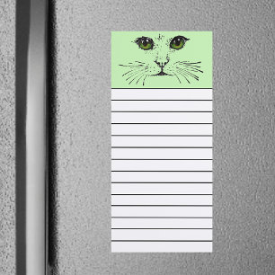 Black Drawing Face of Cat Green Eyes Whiskers Magnetic Notepad