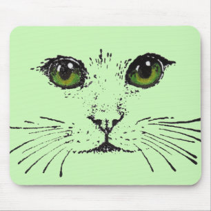 Black Drawing Face of Cat Green Yellow Eyes Mouse Pad