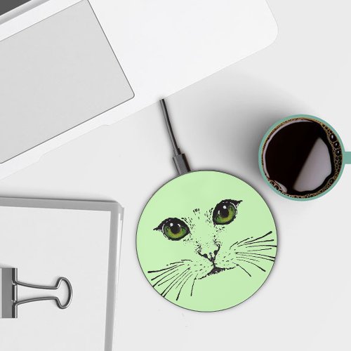  Black Drawing of a Cat Face Green Eyes Whiskers Wireless Charger
