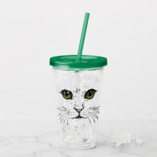 Black Drawing of Cat Face Whiskers Green Eyes Acrylic Tumbler