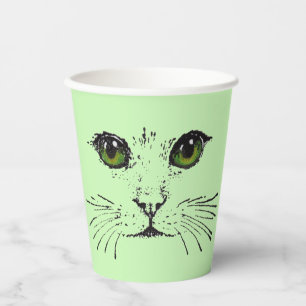 Black Drawing of Cat Face Whiskers Green Eyes Paper Cups