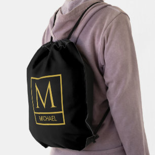 Black Drawstring Bag Featuring Name and Initials
