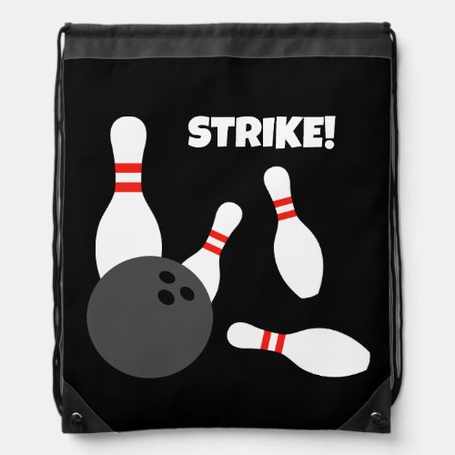 Black drawstring bag with bowling pins and ball