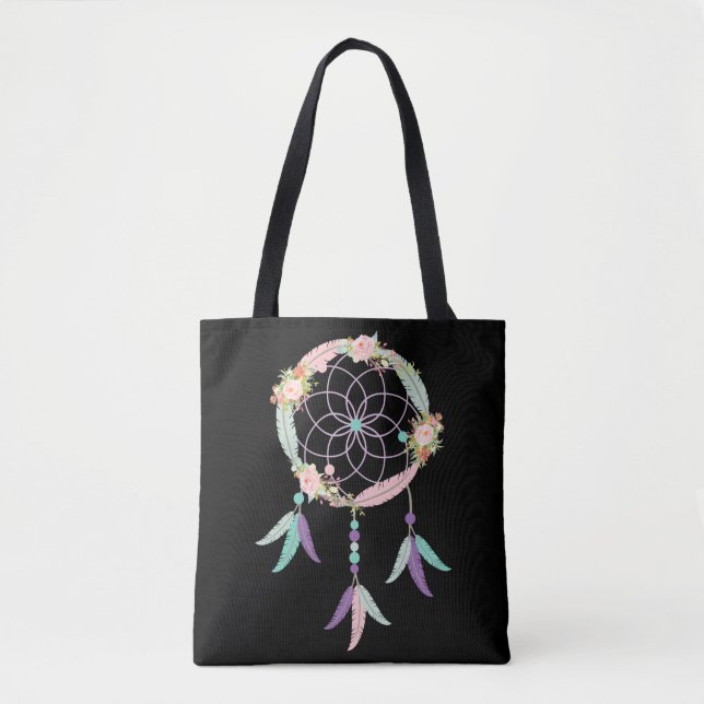 Black Dream Catcher Floral Pastel Boho Mystical Tote Bag (Front)