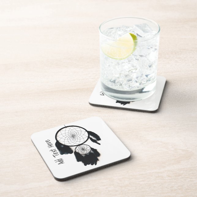 Black Dreamcatcher on White Background Beverage Coaster (Right Side)