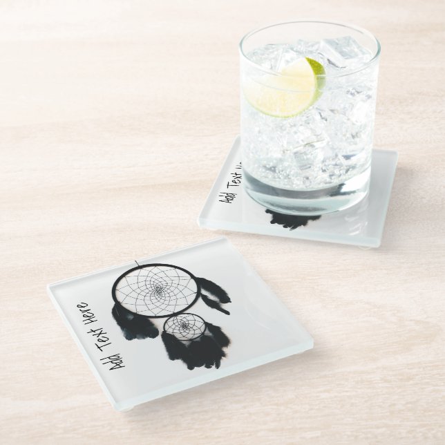 Black Dreamcatcher on White Background Glass Coaster (Angled)