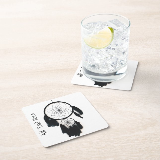 Black Dreamcatcher on White Background Square Paper Coaster (Insitu)