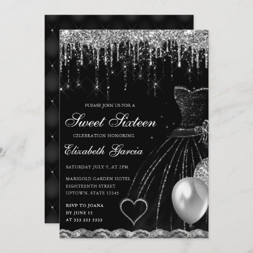 Black Dress and Silver Dripping Glitter Sweet 16 Invitation