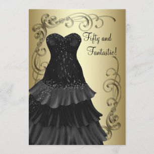 Black Dress Black Gold Womans 50th Birthday Party Invitation