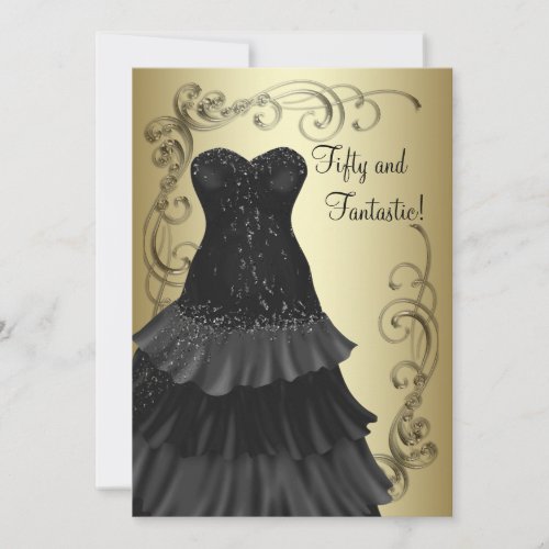 Black Dress Black Gold Womans 50th Birthday Party Invitation