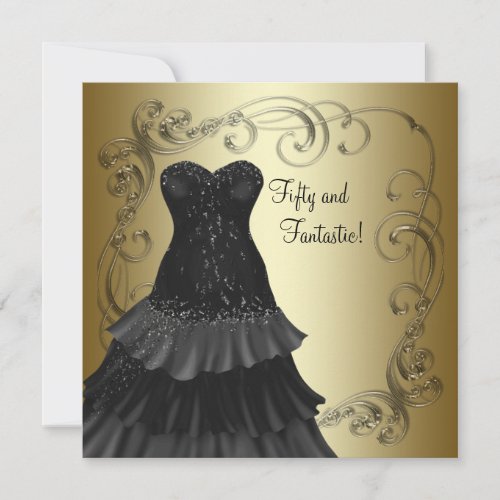 Black Dress Black Gold Womans 50th Birthday Party Invitation