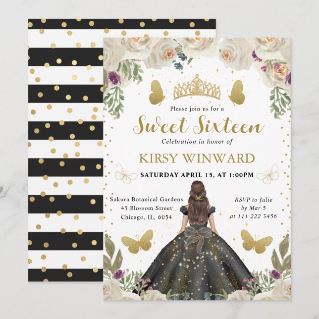 Black Dress Brunette Princess Sweet 16 Invitation (Front/Back)