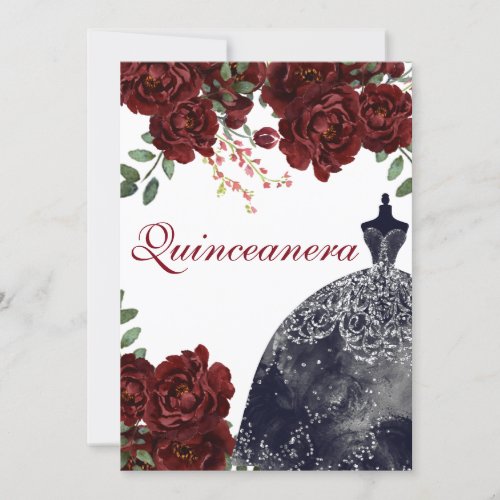 Black Dress Burgundy Red Roses Quinceanera Party Invitation
