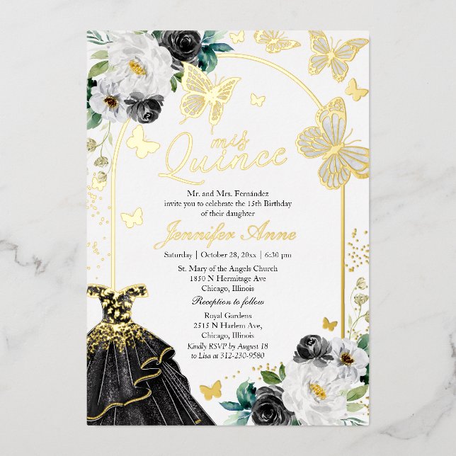 Black Dress Butterfly Quince Foil Invitation (Front)