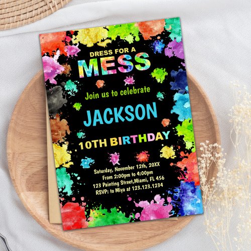 Black Dress For Mess Paint Birthday Invitations