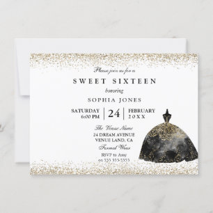 Black Dress Gold Glitter Sweet 16 invitation