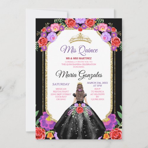 Black Dress Mis Quince 15 Anos Mexican Floral Gold Invitation