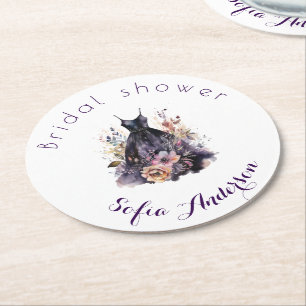 Black dress purple bridal shower round paper coaster