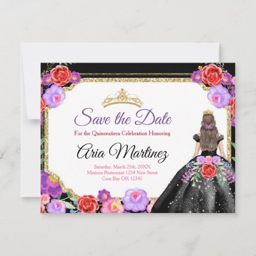 Black Dress Quinceaera Save the Date Mexican Card