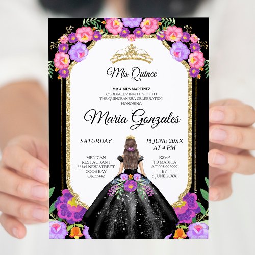 Black Dress  Roses Mis Quince Invitation