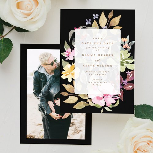 Black Dried Floral Watercolor Art Wedding Photo Save The Date