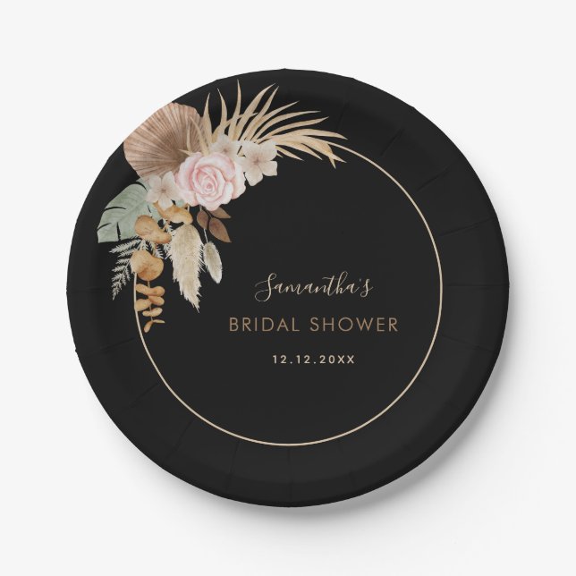 Black Dried Palm Leaf Pampas Grass Bridal Shower Paper Plates (Front)