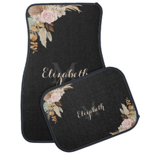 Black Dried Pampas Grass Floral Monogram & Name Car Floor Mat