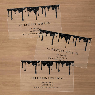 black dripping glitter design clear business cards