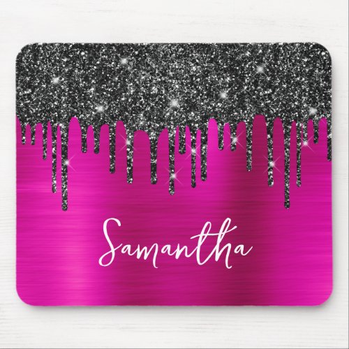 Black Dripping Glitter Hot Pink Glam Name Mouse Pad