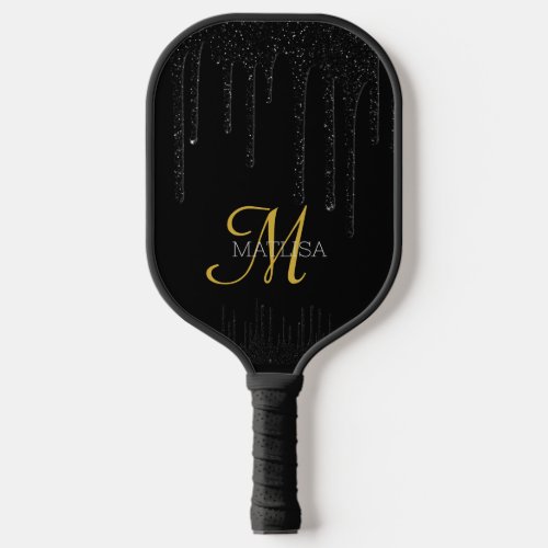 Black Dripping Glitter Monogram Initial Name   Pickleball Paddle