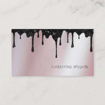 Black Dripping Glitter On Rose Gold Faux Foil Business Card by musickitten at Zazzle
