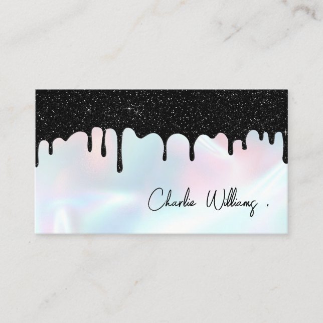 Black Dripping Glitter QR Code Holographic  Business Card (Front)