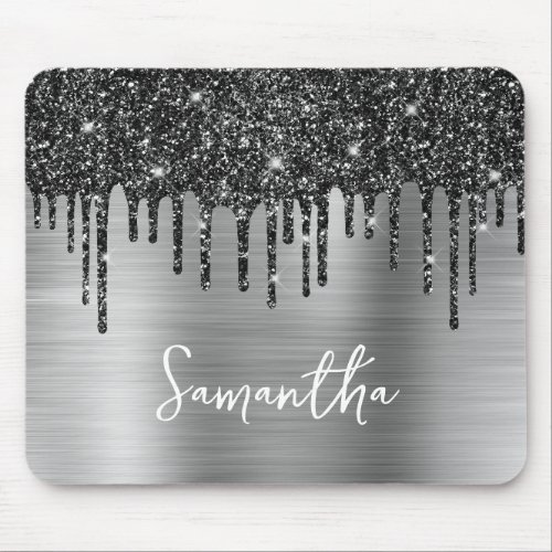 Black Dripping Glitter Silver Glam Name Mouse Pad