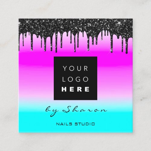 Black Drips 6 Punches QRCodeLogo Hair Blue Pink Square Business Card